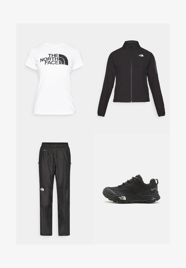 Black zip-up jacket with a high collar, textured fabric, and logo on the left chest. Features long sleeves and a fitted design.; White cotton t-shirt featuring a black graphic print of "THE NORTH FACE" logo on the front. Short sleeves and crew neckline.; Black waterproof pants made from lightweight fabric, featuring an elastic waistband, side pockets, and a logo on the left leg.; Black hiking shoe with a textured upper, lace closure, and a chunky rubber sole featuring a prominent logo on the side and tread patterns.