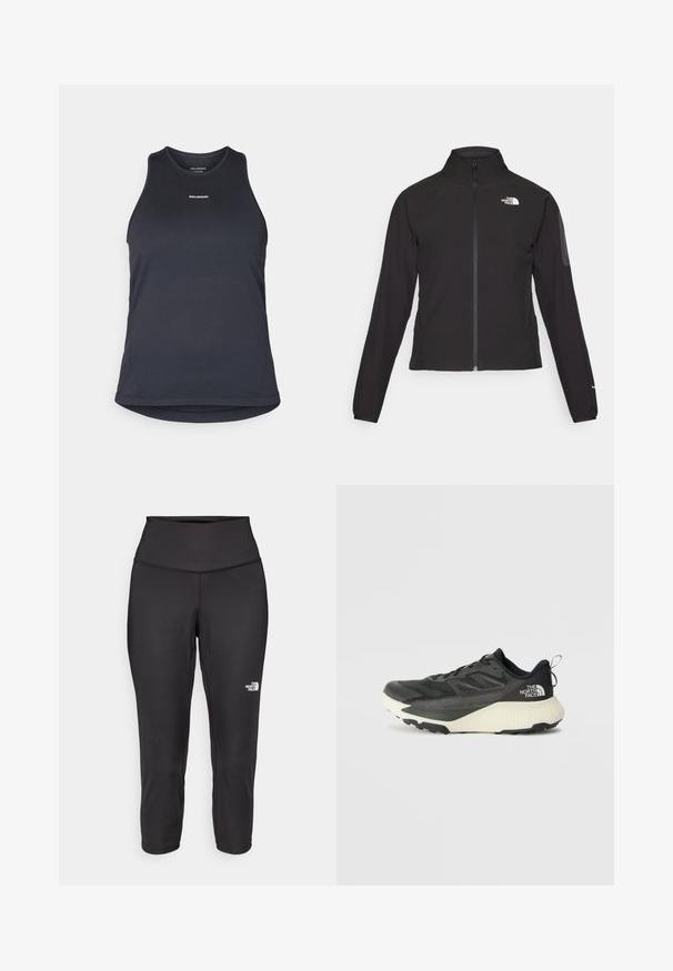 Juodas zip-up švarkas su aukšta apykakle, tekstūruotu audiniu ir logotipu kairėje krūtinės pusėje. Pasižymi ilgu rankovėmis ir prigludusia forma.; Tamsiai pilkas sportinis marškinėliai be rankovių, pagaminti iš tekstūruotos medžiagos; turi apvaliame kakle formą, o priekyje baltai spausdintas prekės ženklas "SALOMON".; Juodos capri tipo leggingai, pagaminti iš tamprios medžiagos, su aukštu juosmeniu ir mažu baltu logotipu kairėje pusėje. Lygi tekstūra.; Juodas sportinis batas su tekstūruota viršutine dalimi, su pilkomis detalėmis ir baltu viduriu. Apima pakėlimo juostelę ir ryškų prekės ženklo logotipą ant kulno.