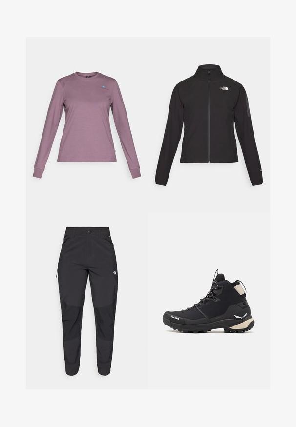 Black zip-up jacket with a high collar, textured fabric, and logo on the left chest. Features long sleeves and a fitted design.; Long-sleeve shirt in muted lavender. Made of soft fabric with a crew neckline, featuring a small blue logo on the chest and fitted sleeves.; Black outdoor pants made of durable fabric. Feature zippered pockets, reinforced knee panels, and a straight cut design for mobility.; Salewa PUEZ MID PTX - Hiking shoes - black