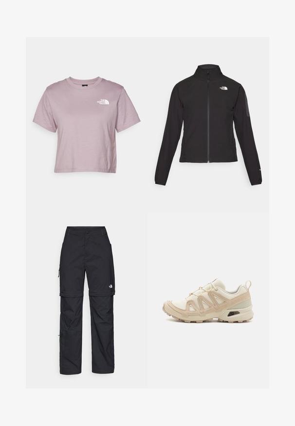 Melna ar rāvējslēdzēju aizdara jaka ar augstu apkakli, teksturētu audumu un logotipu kreisajā krūtī. Satur garas piedurknes un pieguļošu dizainu.; The North Face SIMPLE DOME CROPPED SLIM TEE - Apdrukāts T-krekls - purple chalk; Melni nailona bikses ar noņemamām kājām, regulējamiem uzmavām, vairākām kabatām un logotipu uz labās kājas. Gluda, viegla tekstūra.; Beige un krēma sporta apavi ar strukturētu tīkla virsmu, atbalstošajiem slāņiem un gumijas zoli ar protektoru rakstu, kas nodrošina saķeri.