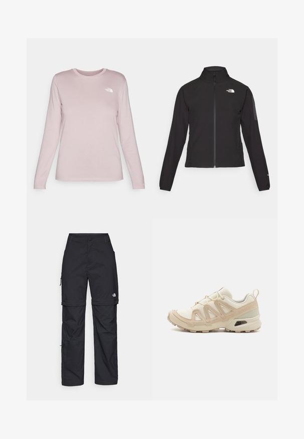 Black zip-up jacket with a high collar, textured fabric, and logo on the left chest. Features long sleeves and a fitted design.; Long-sleeve shirt in soft pink fabric with a round neckline, featuring a white logo on the left chest and fitted sleeves.; Black nylon zip-off cargo trousers with adjustable cuffs, multiple pockets, and a logo on the right leg. Smooth, lightweight texture.; Beige and cream athletic shoe with textured mesh upper, supportive overlays, and rubber outsole featuring a tread pattern for traction.