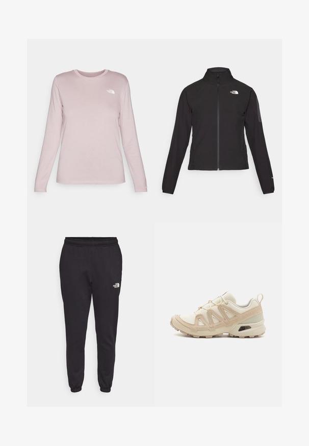 Casaco preto com fecho zip e gola alta, em tecido texturizado, com logo no lado esquerdo do peito. Apresenta mangas longas e um design ajustado.; Camisa de manga longa em tecido rosa suave com decote redondo, apresentando um logo branco no lado esquerdo do peito e mangas justas.; Calças de fato de treino pretas feitas de uma mistura suave de algodão. Apresentam uma cintura elástica, um design de perna afunilada e um pequeno logotipo branco no canto inferior direito.; Sapatilha atlética beige e creme com parte superior em malha texturizada, sobreposições de suporte e sola de borracha com um padrão de cravo para tração.