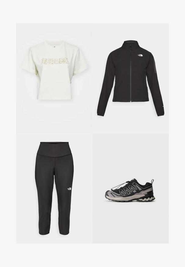 Sort zip-jacket med høj krave, struktureret stof og logo på venstre bryst. Har lange ærmer og en tætsiddende design.; Kraftig hvid t-shirt i bomuld med et lysebrunt grafisk tekstdesign, der indeholder natur-elementer og teksten "TERREX." Korte ærmer og rund halsudskæring.; Sorte capri leggings lavet af strækbart stof, med en høj talje og et lille hvidt logo på venstre side. Glat tekstur.; Sort og grå atletiksko med overdel i mesh, gummisål og elastisk snøresystem. Har forstærket tå og teksturerede detaljer.