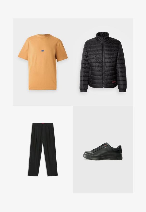 Black puffer jacket with horizontal quilting, high collar, front zipper, and elastic cuffs. Red "HUGO" logo on the lower left.; Beige sweatshirt with a round neckline and ribbed cuffs. Features a small square logo in pale colors on the front. Soft, smooth texture.; Orange cotton T-shirt with a round neck and short sleeves, featuring a small blue "HUGO" logo patch on the chest. Smooth texture.; Black trousers with a pleated design, wide leg shape, and a smooth texture. Features a red waistband tag.; Black leather sneaker with textured upper, padded collar, and red logo detail. Features a thick rubber sole with distinct tread pattern.