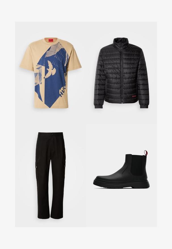 Svart pufferjakke med horisontale quiltede paneler, høy krage, frontglidelås og elastiske mansjetter. Rødt "HUGO"-logo nederst til venstre.; Beige genser med rund hals og ribbestrikkede mansjetter. Har en liten firkantet logo i lyse farger foran. Myk, glatt tekstur.; Beige bomull t-skjorte med et blått geometrisk mønster og fugledesign. Rød etikett med "HUGO" ved halsen. Korte ermer, rund hals.; Svart cargobukse laget av bomull med avslappet passform, med sidelommer, knappeåpning og rette ben. Enkelt design uten mønstre.; Sorte ankelstøvler med en glat overflade, elastiske sidepaneler og en kontrastfyldt rød trækflik, med en tykk gummisål og rund tå.
