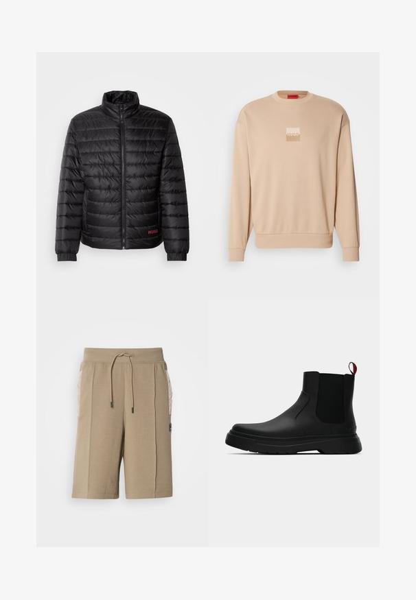 Veste matelassée noire avec un quilting horizontal, col montant, fermeture éclair à l'avant et poignets élastiques. Logo rouge "HUGO" en bas à gauche.; Sweat-shirt beige à col rond et poignets côtelés. Présente un petit logo carré dans des teintes claires sur le devant. Texture douce et lisse.; Shorts en coton beige avec une taille élastique et un cordon de serrage. Comprend des poches latérales matelassées et un patch logo sur le devant.; Bottines noires avec une finition lisse, des panneaux latéraux élastiques et une languette rouge contrastante, présentant une semelle en caoutchouc épaisse et un bout arrondi.