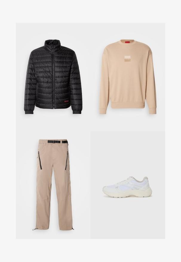 Juodas pūkinis švarkas su horizontaliomis siūlėmis, aukštu kaklu, priekyje užtrauktuku ir elastiniais rankogaliais. Raudonas "HUGO" logotipas apatinėje kairėje pusėje.; Šviesiai ruda džemperis su apvaliu iškirpimu ir susiūtomis rankovėmis. Priekyje yra mažas kvadratinis logotipas šviesiomis spalvomis. Minkšta, lygi tekstūra.; Šviesiai rudos spalvos lengvi kelnių su elastine juosta ir juodu diržu, turinčiais užtrauktuku užsegamas kišenes ir reguliuojamus rankogalius. Lygus audinio paviršius.; Balti sportiniai bateliai, pagaminti iš tinklinės medžiagos ir zomšos, su tekstūruotu viduriu, tekstūruotais akcentais ir „HUGO“ logotipu šone.