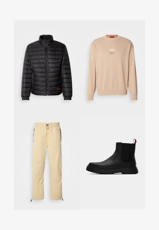 Fekete puffkabát vízszintes tűzéssel, magas gallérral, elülső cipzárral és rugalmas mandzsettákkal. Piros "HUGO" logó az alsó bal oldalon.; Beige pulóver kerek nyakkivágással és bordás mandzsettákkal. Elöl egy kis négyzet alakú, világos színű logó található. Puha, sima tapintás.; Világos sárga, könnyű anyagú nadrág, rugalmas derékkal, zsinóros megkötéssel és fekete cipzáros zsebekkel. Szűkített lábakkal és állítható szegélyekkel rendelkezik.; Fekete bokacipő sima felülettel, ruganyos oldalsó panelek és kontrasztos piros húzópánt jellemzi, vastag gumitalppal és lekerekített orral.