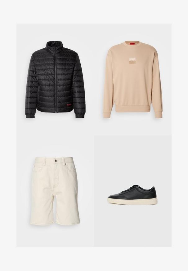 Giacca piumino nera con trapunte orizzontali, colletto alto, cerniera frontale e polsini elasticizzati. Logo rosso "HUGO" in basso a sinistra.; Felpa beige con scollatura rotonda e polsini a costine. Presenta un piccolo logo quadrato in colori chiari sul davanti. Texture morbida e liscia.; Shorts in denim beige con taglio dritto, cinque tasche e chiusura anteriore con bottone. Tessuto leggermente texturizzato con cuciture visibili.; Sneaker in pelle nera a basso profilo con lacci neri e suola avorio, mostrato di profilo su sfondo bianco.