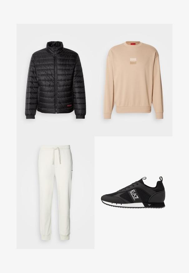 Sort pufferjakke med vandret quiltning, høj krave, frontlynlås og elastiske manchetter. Rød "HUGO"-logo nederst til venstre.; Beige sweatshirt med rund halsudskæring og ribstrikkede ærmekanter. Har et lille firkantet logo i lyse farver foran. Blød, glat tekstur.; HUGO DAYOTE - Træningsbukser - natural; EA7 Emporio Armani Sneakers - black/white