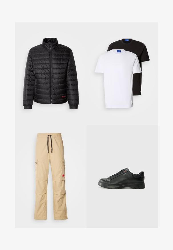 Černá péřová bunda s horizontálním prošíváním, vysokým límcem, předním zipem a elastickými manžetami. Červené logo "HUGO" v dolním levém rohu.; Dvě trička naskládaná na sobě: jedno bílé a jedno černé. Krátké rukávy, kulaté výstřihy, bavlněná látka. Na výstřihu je malá modrá značka.; Béžové cargo kalhoty s elastickým pasem, černou tkaničkou, bočními kapsami a malým červeným logem na stehně.; Černé kožené tenisky s texturovaným svrškem, polstrovaným límcem a červeným logem. Disponují tlustou gumovou podrážkou s výrazným vzorem.
