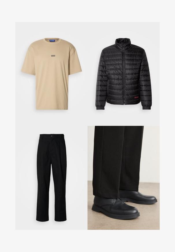 Černá péřová bunda s horizontálním prošíváním, vysokým límcem, předním zipem a elastickými manžetami. Červené logo "HUGO" v dolním levém rohu.; HUGO NALONO - Triko s potiskem - medium beige; Černé kalhoty s rovnými nohavicemi, s páskem na knoflíky, poutky na opasek a předními záhyby, vystavené na jednoduchém bílém pozadí.; Černé kožené boty se zaoblenou špičkou, plochou podrážkou a minimálním zdobením. Spárovány s padnoucími černými kalhotami, které mají hladkou texturu.