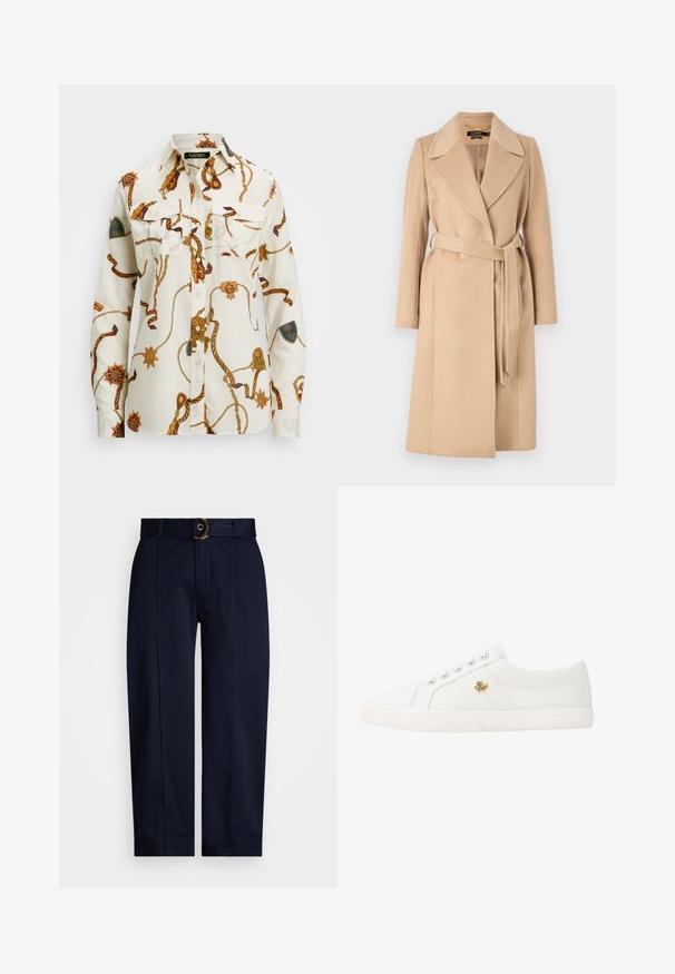 Lauren Ralph Lauren BELTED WOOL BLEND WRAP COAT - Classic coat - camel; Long-sleeve button-up shirt in white cotton featuring a brown and gold rope pattern, two chest pockets, and embroidered accents on sleeves.; Navy trousers with a woven waistband and a gold ring buckle, featuring a straight-leg cut and pressed creases along the front.; Lauren Ralph Lauren JANSON II CANVAS SNEAKER - Trainers - optic white