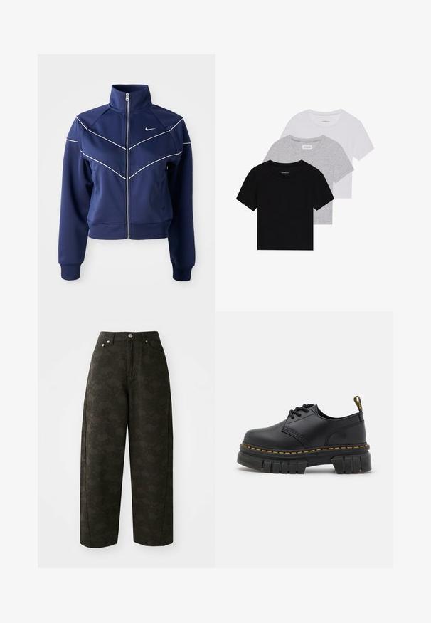 Jachetă albastră cu fermoar, confecționată dintr-un material neted, care are un guler înalt, cusături albe în formă de zigzag și buzunare laterale. Logo-ul Nike este plasat pe piept.; Set de trei tricouri cu mâneci scurte, în negru, gri și alb. Fabricate din bumbac, cu guler rotund și un design simplu, de culoare uniformă.; Pantalonii largi de culoare verde închis prezintă un model floral texturat, un design cu cinci buzunare și închideri cu nasturi metalici la talie.; Pantofi din piele neagră cu o talpă groasă și texturată. Caracteristici includ cusături galbene, vârf rotunjit și un tab pe călcâi.