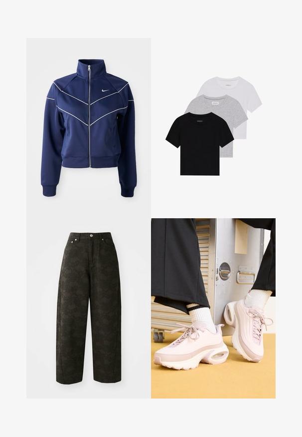 Mornarska zip-up jakna iz gladkega materiala ima visok ovratnik, bele chevron šive in stranske žepe. Nike logo na prsih.; Komplet treh majic s kratkimi rokavi v črni, sivi in beli barvi. Izdelane iz bombaža, z okroglim izrezom in preprostim, enobarvnim dizajnom.; Temno zelene široke hlače imajo teksturiran cvetlični vzorec, pet žepov in kovinske gumbe za zapiranje v pasu.; Roza športna tekaška obutev z strukturirano površino, z zaobljenim nosom, vezalkami in vidnim zračnim blazinicami v podplatu. Bele nogavice z črnimi črtami.