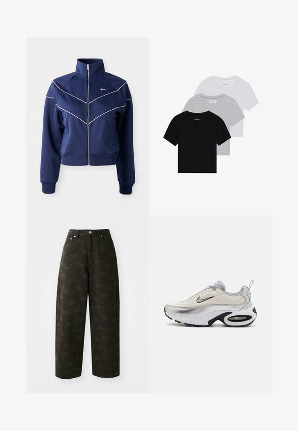 Tengerész kék cipzáras dzseki sima anyagból, magas gallérral, fehér chevron varrással és oldalsó zsebekkel. Nike logó a mellkason.; Három rövidujjú póló készlet fekete, szürke és fehér színben. Pamutból készült, kerek nyakú, egyszerű, egyszínű dizájnnal.; Sötétzöld, bő szárú nadrág, amely textúrázott virágmintával, öt zsebes kialakítással és fém gombos záródással rendelkezik a deréknál.; Nike tornacipő sima, fehér felsőrésszel, ezüst kiegészítőkkel és fekete gumitalppal. Air párnázással és letisztult dizájnnal rendelkezik.