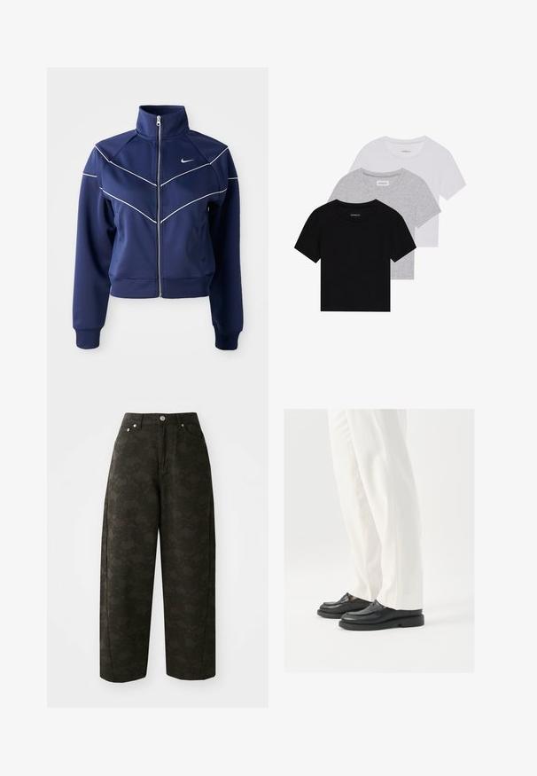 Chaqueta navy con cremallera hecha de una tela suave, presenta un collar alto, costuras en forma de chevrón blancas y bolsillos laterales. Logo de Nike en el pecho.; Conjunto de tres camisetas de manga corta en negro, gris y blanco. Están hechas de algodón, cuentan con cuello redondo y un diseño simple de un solo color.; Pantalones de pierna ancha verde oscuro con un patrón floral texturizado, diseño de cinco bolsillos y cierres de botón metálicos en la cintura.; Mocasines de cuero negro con una textura suave, detalles de costura y punta redondeada, combinados con pantalones blancos ajustados.