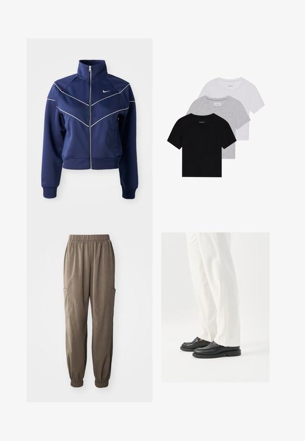 Tengerész kék cipzáras dzseki sima anyagból, magas gallérral, fehér chevron varrással és oldalsó zsebekkel. Nike logó a mellkason.; Három rövidujjú póló készlet fekete, szürke és fehér színben. Pamutból készült, kerek nyakú, egyszerű, egyszínű dizájnnal.; Laza szabású barna szövet cargo nadrág, elasztikus derékkal, ráncolt mandzsettákkal és oldalsó folt zsebekkel a funkcionalitás érdekében.; Fekete bőr loaferek sima textúrával, varrásos részletezéssel és kerek orral, fehér, szabott nadrággal párosítva.
