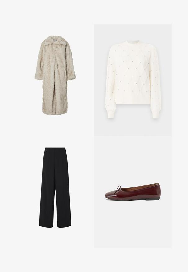 Dlouhý kabát z umělé kožešiny ve světle béžové barvě, s klopovým límcem a dlouhými rukávy. Měkká textura s načechraným vzhledem a bez viditelných zapínání.; Bílý pletený svetr s diamantovým vzorem, ozdobený malými kamínky. Má žebrovaný kulatý výstřih a dlouhé rukávy.; Černé široké zkrácené kalhoty s vysokým pasem a bočními kapsami, které mají jemné vertikální švy.; Burgundské lakové baleríny s kulatou špičkou, malou mašlí vpředu a nízkou černou gumovou podrážkou. Hladký povrch.