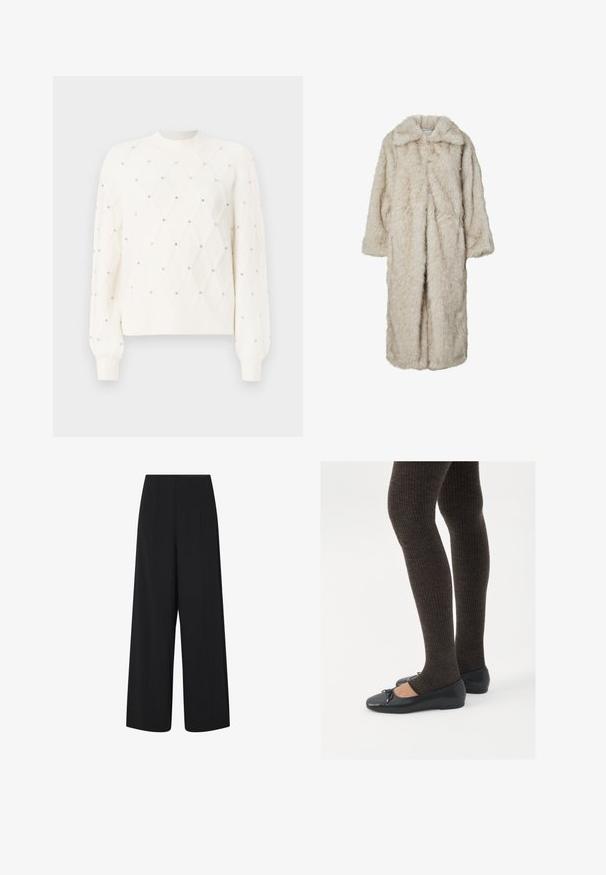 Pikk valevaal saanud mantel heledas beežis, millel on lõigatud krae ja pikad varrukad. Pehme tekstuur ja udune välimus, ilma nähtavate kinnitusteta.; Valge kudumiga sviiter, millel on diamandi muster, kaunistatud väikeste rhinestone'idega. Omab ribakraega ümmargust kaelaava ja pikki varrukaid.; Mustad kõrge vöökohaga laiad lühikesed püksid, millel on küljetaskud ja peened vertikaalsed õmblused.; Mustad mustad kingad väikese teksaga varvaste juures, koos tumedate pruunide ribakangastega. Kingadel on sile tekstuur ja madal profiil.