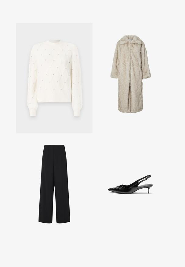 Palton lung din blană sintetică de culoare bej deschis, cu guler tăiat și mâneci lungi. Textură moale cu un aspect pufoș și fără închideri vizibile.; Pulover alb din tricot cu un model în diamant, embellisat cu mici strasuri. Dispune de un guler rotund cu nervuri și mâneci lungi.; Pantaloni negri cu croi larg, tăiați la jumătate, cu talie înaltă și buzunare laterale, având detalii subtile cu cusături verticale.; Pantofi cu toc slingback din piele neagră, cu vârf ascuțit, toc mic tip kitten și detaliu adunat pe partea superioară. Textură netedă și design minimalist.