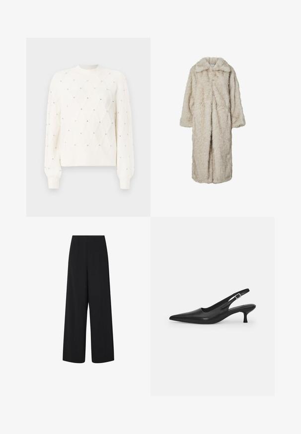 Pikk valevaal saanud mantel heledas beežis, millel on lõigatud krae ja pikad varrukad. Pehme tekstuur ja udune välimus, ilma nähtavate kinnitusteta.; Valge kudumiga sviiter, millel on diamandi muster, kaunistatud väikeste rhinestone'idega. Omab ribakraega ümmargust kaelaava ja pikki varrukaid.; Mustad kõrge vöökohaga laiad lühikesed püksid, millel on küljetaskud ja peened vertikaalsed õmblused.; Mustmustast musta nahast slingback king, millel on terav varvas ja kitsas, kumer konts. Omab diskreetset reguleeritavat rihma metallist pandlaga.