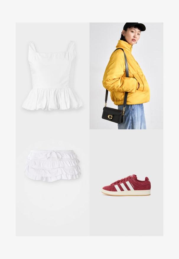 Long manteau en fausse fourrure beige clair, avec un col cranté et des manches longues. Texture douce avec une apparence duveteuse et sans fermetures visibles.; Top peplum blanc avec décolleté carré et fines bretelles. Fabriqué en tissu léger et lisse avec un détail de volants froncés au niveau de l'ourlet.; Jupe de bain blanche à volants avec plusieurs couches, dotée d'une taille à cordon pour un ajustement. Tissu doux avec une texture lisse.; Baskets en daim rouge avec des rayures blanches, lacets plats et semelle en caoutchouc. Équipées d'un col et d'une languette rembourrés, avec le logo "CAMPUS" sur le côté.; Veste matelassée jaune avec col montant et poche avant, associée à un sac bandoulière noir avec quincaillerie dorée. Bas en denim décontractés.