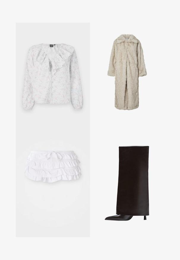 Lang faux fur frakke i lys beige med en klapkrave og lange ærmer. Blød tekstur med en fluffy udseende og ingen synlige lukninger.; Hvid bluse med en rynket udskæring, blomster mønster i pink og blå, lange ærmer og knap lukning foran. Letvægtigt, tekstureret stof.; Hvid rynket svømmedragt med flere lag, der har en justerbar snøre i taljen. Blødt stof med en glat tekstur.; Sorte knæhøje støvler lavet af glat læder, med en spidse tå og en smal hæl. Minimalistisk design med en slank, struktureret silhuet.