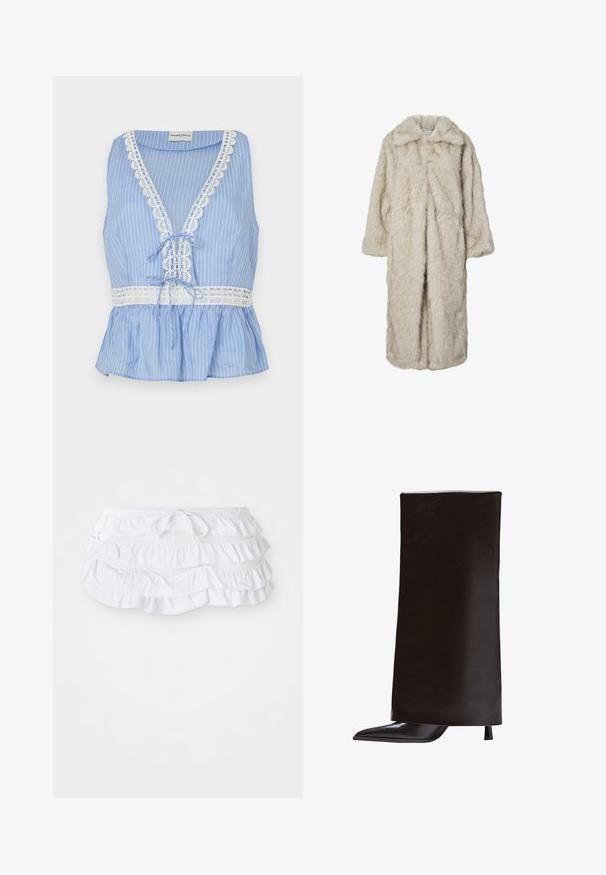 Lang faux fur frakke i lys beige med en klapkrave og lange ærmer. Blød tekstur med en fluffy udseende og ingen synlige lukninger.; Blåstribet ærmeløs top med dyb V-udskærning, blondekant langs halsudskæringen og kanten, med et bånddetalje i taljen og et peplum-design.; Hvid rynket svømmedragt med flere lag, der har en justerbar snøre i taljen. Blødt stof med en glat tekstur.; Sorte knæhøje støvler lavet af glat læder, med en spidse tå og en smal hæl. Minimalistisk design med en slank, struktureret silhuet.