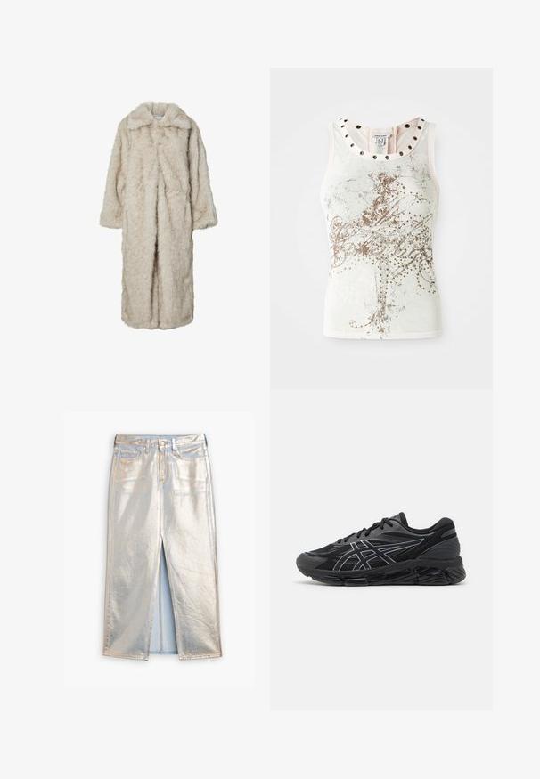 Palton lung din blană sintetică de culoare bej deschis, cu guler tăiat și mâneci lungi. Textură moale cu un aspect pufoș și fără închideri vizibile.; Top fără mâneci, de culoare deschisă, cu modele decorative aurii și accente cu cuie în jurul gâtului. Textură de material neted și moale.; Fustă din denim metalizat argintie cu slit frontal, două buzunare și închidere cu nasture. Prezintă o textură lucioasă și o cusătură albastră contrastantă.; Pantofi de alergare pentru bărbați din plasă neagră cu accente argintii reflective, având o talpă amortizată și o suprafață texturată pentru aderență.