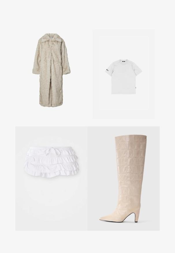 Dlhý kabát z faux kožušiny v svetlo béžovej farbe, so zaobleným golierom a dlhými rukávmi. Mäkka textúra s nadýchaným vzhľadom a bez viditeľných zapínaní.; Biela bavlnená tričko s krátkymi rukávmi, okrúhlym výstrihom a malým čiernym logom vyšitým na ľavom rukáve. Jednoduchá a hladká štruktúra.; Biela plávková sukňa s volánmi a viacerými vrstvami, so šnúrkou v páse na úpravu. Mäkká látka s hladkým povrchom.; Krémové kolenné čižmy z faux krokodílej kože s špicatou špičkou a zúženým podpätkom. Hladký povrch s jasne definovaným vzorom pozdĺž lýtka.