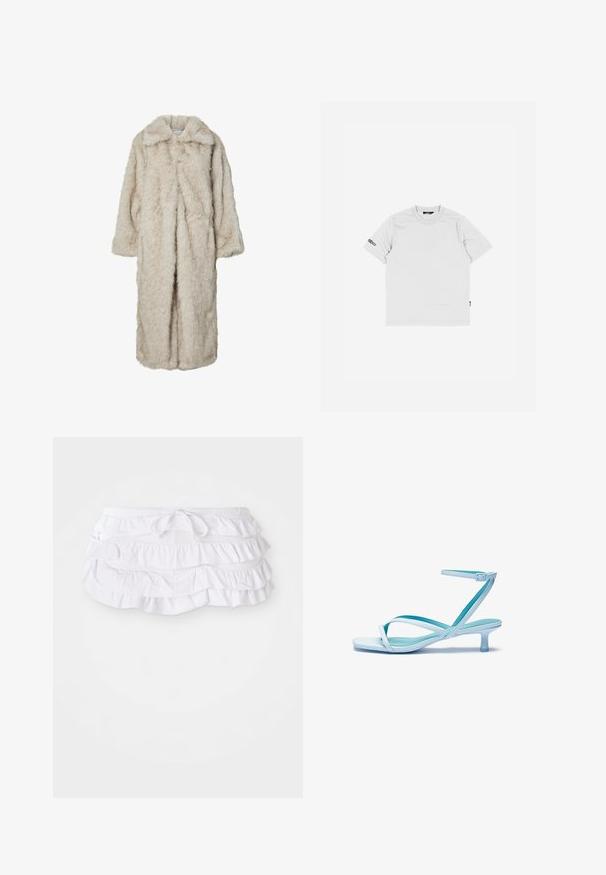 Pitkä vaalea beige keinokarvatakki, jossa on leikattu kaulus ja pitkät hihat. Pehmeä pinta, joka näyttää pörröiseltä, ilman näkyviä kiinnityksiä.; Valkoinen puuvillainen t-paita lyhyillä hihoilla, pyöreällä kaula-aukolla ja pienellä mustalla logolla ommeltuna vasempaan hihaan. Yksinkertainen ja sileä rakenne.; Valkoinen rypytetty uimapuku hame, jossa on useita kerroksia ja säädettävä nyörivartalo. Pehmeä kangas, jolla on sileä pinta.; Vaaleansininen rimallinen sandaali, jossa on neliskulmainen kärki, matala korko, säädettävä nilkkaremmikin ja sileä, kiiltävä pinta. Ristikkäin menevät remmit jalkapohjalla.