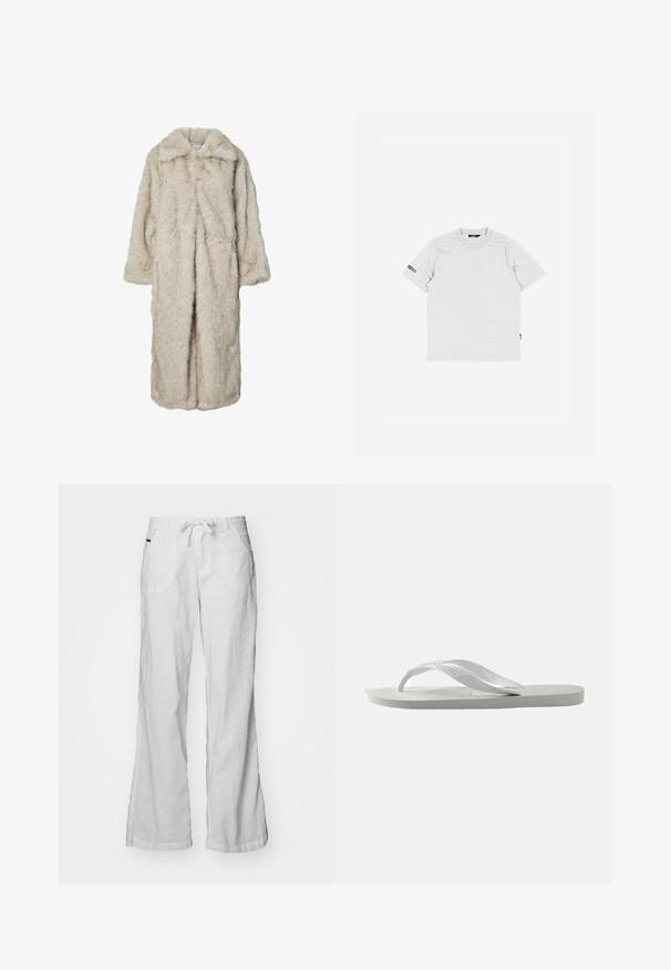 Μακρύ ψεύτικο παλτό από γούνα σε ανοιχτό μπεζ, με λαιμόκοψη και μακριά μανίκια. Μαλακή υφή με αφράτη εμφάνιση και χωρίς ορατούς κλεισίματα.; Λευκό βαμβακερό μπλουζάκι με κοντά μανίκια, στρογγυλή λαιμόκοψη και μικρό μαύρο λογότυπο ραμμένο στο αριστερό μανίκι. Απλή και ομαλή υφή.; Λευκά λινά παντελόνια με άνετη εφαρμογή, ελαστική μέση με κορδόνι και δύο μπροστινές τσέπες. Διαθέτουν φαρδιές γραμμές και μια διακριτική υφή.; Λευκές σαγιονάρες με υφή στη σόλα και δύο λεπτές λουρίδες. Οι λουρίδες είναι λείες με διακριτική σήμανση. Χωρίς σχέδια ή πρόσθετες λεπτομέρειες.