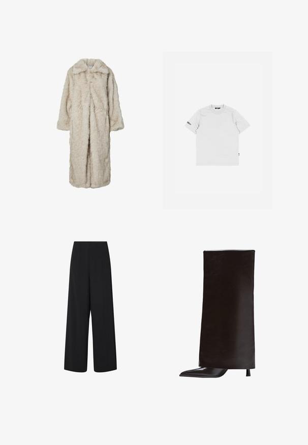 Dlouhý kabát z umělé kožešiny ve světle béžové barvě, s klopovým límcem a dlouhými rukávy. Měkká textura s načechraným vzhledem a bez viditelných zapínání.; Bílý bavlněný tričko s krátkým rukávem, kulatým výstřihem a malým černým logem vyšitým na levém rukávu. Jednoduchá a hladká textura.; Černé široké zkrácené kalhoty s vysokým pasem a bočními kapsami, které mají jemné vertikální švy.; Černá vysoká kožená bota vyrobená z hladké kůže, s špičatou špičkou a úzkým podpatkem. Minimalistický design s elegantním, strukturovaným siluetou.
