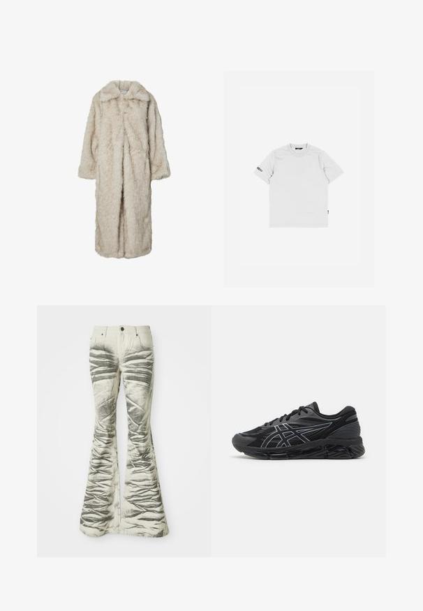 Long faux fur coat in light beige, featuring a notched collar and long sleeves. Soft texture with a fluffy appearance and no visible fastenings.; White cotton t-shirt with short sleeves, crew neck, and a small black logo stitched on the left sleeve. Simple and smooth texture.; Light-colored flared jeans with textured black horizontal stripes and wrinkled detailing, featuring front pockets and metal button closure.; Men's running shoes in black mesh with reflective silver accents, featuring a cushioned sole and a textured surface for grip.