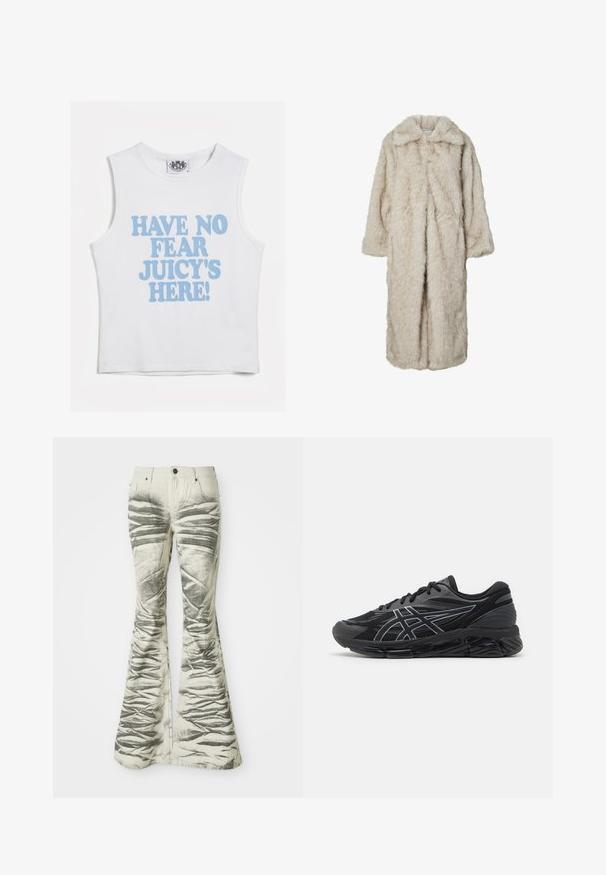 Palton lung din blană sintetică de culoare bej deschis, cu guler tăiat și mâneci lungi. Textură moale cu un aspect pufoș și fără închideri vizibile.; Top scurt alb fără mâneci, cu un text îndrăzneț albastru care spune "NU AVEA TEAMĂ, JUICY E AICI!" Fabrică din bumbac moale, cu un decolteu rotund.; Jeans evazați de culoare deschisă cu dungi orizontale texturate negre și detalii șifonate, având buzunare frontale și închidere cu nasture metalic.; Pantofi de alergare pentru bărbați din plasă neagră cu accente argintii reflective, având o talpă amortizată și o suprafață texturată pentru aderență.