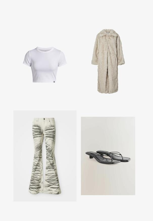 Lang faux fur frakke i lys beige med en klapkrave og lange ærmer. Blød tekstur med en fluffy udseende og ingen synlige lukninger.; Hvid ribbet kortærmet cropped t-shirt med rund hals og lille sort logo-mærke ved bunden.; Lysfarvede flared jeans med teksturerede sorte vandrette striber og krøllede detaljer, der har forlommer og metalknaplukning.; Sorte faux læder slingback sandaler med krokodillemønster, firkantet tå og lav hæl. Har tynde stropper der forbinder sålen.