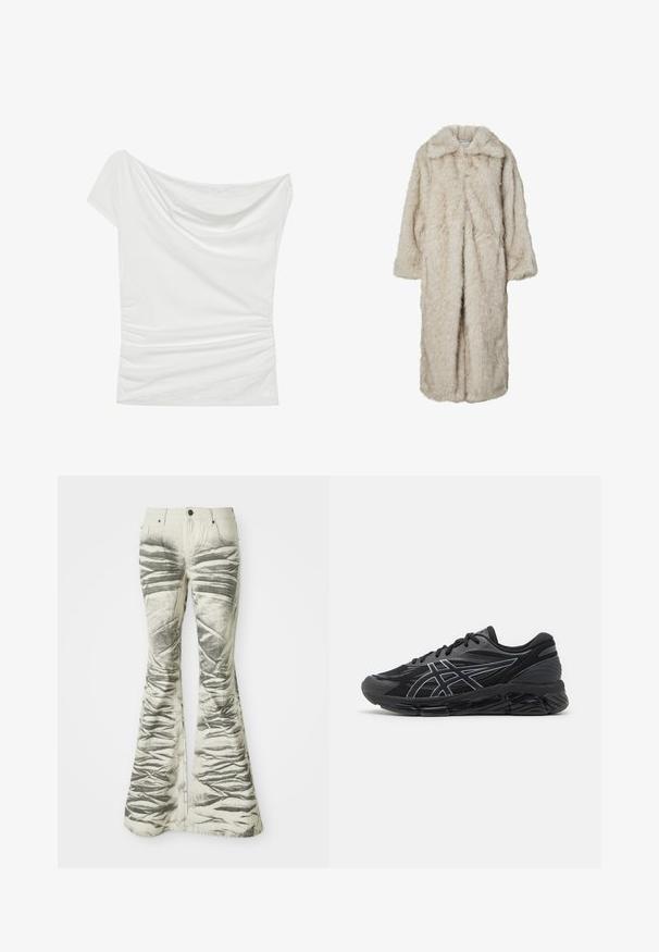 Long faux fur coat in light beige, featuring a notched collar and long sleeves. Soft texture with a fluffy appearance and no visible fastenings.; White off-shoulder top made of soft fabric, featuring a draped neckline and gathered side detail, with a textured lace accent at the hem.; Light-colored flared jeans with textured black horizontal stripes and wrinkled detailing, featuring front pockets and metal button closure.; Men's running shoes in black mesh with reflective silver accents, featuring a cushioned sole and a textured surface for grip.