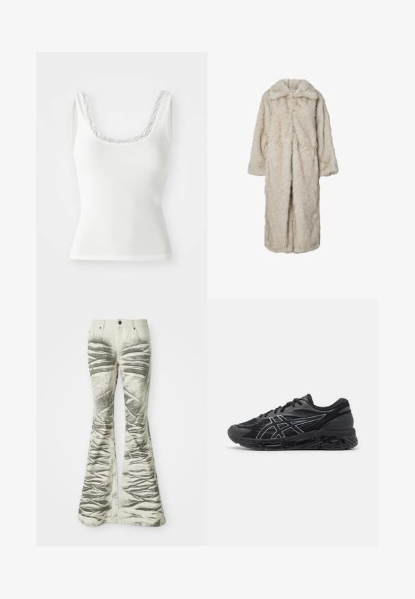 Hosszú, világos bézs színű műszőrme kabát, kihajtott gallérral és hosszú ujjakkal. Puha tapintású, bolyhos megjelenésű, látható záródások nélkül.; Fehér, bordázott ujjatlan top, kerek nyakkivágással, finom csipkével díszítve. Hímzéssel ellátott, testhezálló kialakítás.; Világos színű, bővülő farmernadrág fekete, texturált vízszintes csíkokkal és gyűrött részletekkel, elülső zsebekkel és fémből készült gombos záródással.; Férfi futócipők fekete hálós anyagból, fényvisszaverő ezüst kiegészítőkkel, párnázott talppal és texturált felülettel a tapadás érdekében.