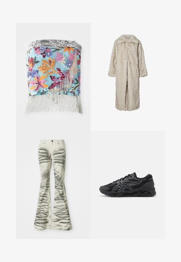 Long faux fur coat in light beige, featuring a notched collar and long sleeves. Soft texture with a fluffy appearance and no visible fastenings.; Embroidered floral wrap with multi-colored sequins on a light blue background; features silver fringe along the bottom edge.; Light-colored flared jeans with textured black horizontal stripes and wrinkled detailing, featuring front pockets and metal button closure.; Men's running shoes in black mesh with reflective silver accents, featuring a cushioned sole and a textured surface for grip.