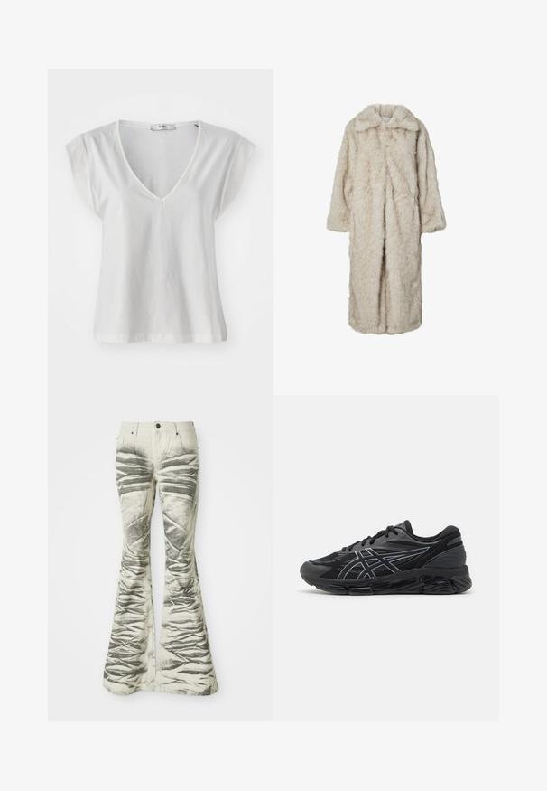 Abrigo largo de pelo sintético en beige claro, con solapas y mangas largas. Textura suave con una apariencia esponjosa y sin cierres visibles.; Camiseta blanca de cuello en V con mangas de capucha, hecha de un suave tejido de algodón. Presenta un corte simple y un ajuste ligeramente relajado.; Vaqueros de campana de color claro con rayas horizontales negras texturizadas y detalles arrugados, con bolsillos delanteros y cierre de botón metálico.; Zapatillas de running para hombre en malla negra con acentos en plata reflectante, que cuentan con una suela acolchada y una superficie texturizada para mayor agarre.