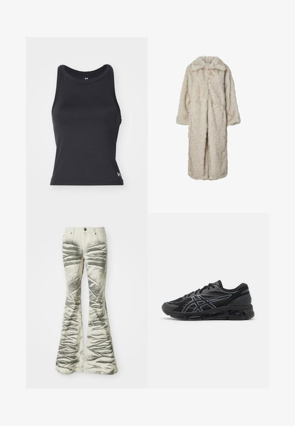 Cappotto lungo in pelliccia sintetica di un beige chiaro, dotato di colletto a rever e maniche lunghe. Texture morbida con un aspetto soffice e senza chiusure visibili.; Canottiera atletica nera senza maniche con scollatura rotonda, realizzata in materiale liscio e elasticizzato. Presenta un piccolo logo in basso a destra.; Jeans svasati di colore chiaro con strisce orizzontali nere testurizzate e dettagli stropicciati, dotati di tasche frontali e chiusura con bottone in metallo.; Scarpe da corsa da uomo in mesh nero con dettagli riflettenti argentati, dotate di una suola imbottita e una superficie testurizzata per una migliore aderenza.