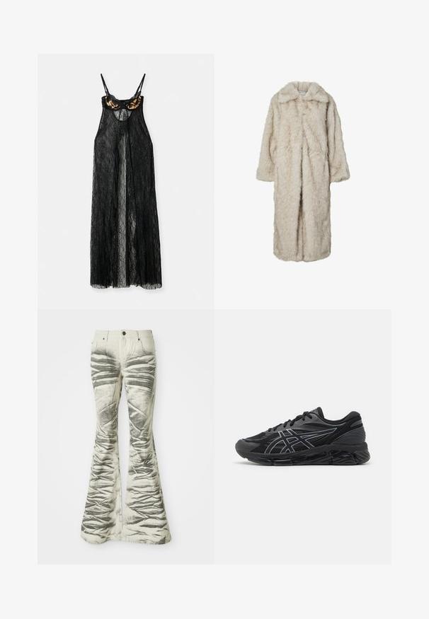 Long faux fur coat in light beige, featuring a notched collar and long sleeves. Soft texture with a fluffy appearance and no visible fastenings.; Black lace garment with sheer design, featuring a leopard print bra top and thin straps, open in the front with a flowy silhouette.; Light-colored flared jeans with textured black horizontal stripes and wrinkled detailing, featuring front pockets and metal button closure.; Men's running shoes in black mesh with reflective silver accents, featuring a cushioned sole and a textured surface for grip.