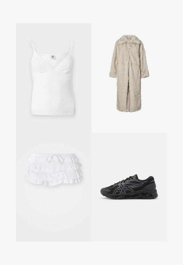 Garšs mākslīgā kažokādas mētelis gaisā bēžā krāsā ar izgriezumu pie apkakles un garām piedurknēm. Mīksta tekstūra ar pūkainu izskatu un bez redzamām aizdares.; Balta kamzole ar V veida kaklu, plānām regulējamām lencēm un delikātu ziedu izšuvumu visā audumā. Gluda, viegla tekstūra.; Balta viļņota peldsvārku svārki ar vairākiem slāņiem, aprīkota ar regulējamu auklu viduklī. Mīksts audums ar gludu tekstūru.; Vīriešu skriešanas apavi melnā sietā ar atstarojošiem sudraba akcentiem, ar mīkstu zoli un teksturētu virsmu labākai saķerei.