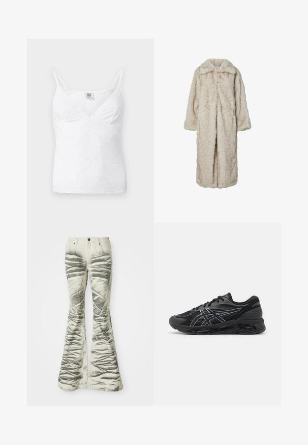 Hosszú, világos bézs színű műszőrme kabát, kihajtott gallérral és hosszú ujjakkal. Puha tapintású, bolyhos megjelenésű, látható záródások nélkül.; Fehér cami felső, V-nyakkal, vékony, állítható pántokkal, és finom virágmintával az anyagon. Simább, könnyű textúra.; Világos színű, bővülő farmernadrág fekete, texturált vízszintes csíkokkal és gyűrött részletekkel, elülső zsebekkel és fémből készült gombos záródással.; Férfi futócipők fekete hálós anyagból, fényvisszaverő ezüst kiegészítőkkel, párnázott talppal és texturált felülettel a tapadás érdekében.