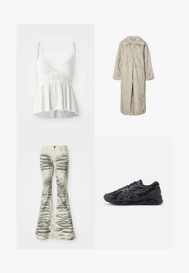 Palton lung din blană sintetică de culoare bej deschis, cu guler tăiat și mâneci lungi. Textură moale cu un aspect pufoș și fără închideri vizibile.; Top alb fără mâneci, cu decupaj în V, dintr-un material texturat și cu talie strânsă. Dispune de o margine evazată și de bretele subțiri, ajustabile.; Jeans evazați de culoare deschisă cu dungi orizontale texturate negre și detalii șifonate, având buzunare frontale și închidere cu nasture metalic.; Pantofi de alergare pentru bărbați din plasă neagră cu accente argintii reflective, având o talpă amortizată și o suprafață texturată pentru aderență.