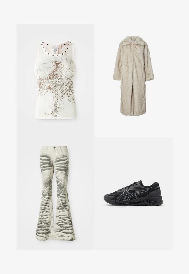 Dolga plašč iz umetnega krzna v svetlo bež barvi, z izrezanim ovratnikom in dolgimi rokavi. Mehka tekstura z puhastim videzom in brez vidnih zapiral. ; Majica brez rokavov svetle barve z okrasnimi zlatimi vzorci in okrasnimi žebljički okoli ovratnika. Gladka, mehka tekstura tkanine.; Svetle flared kavbojke z teksturiranimi črnimi horizontalnimi črtami in gubami, z sprednjimi žepi in kovinsko gumbom za zapiranje.; Moški tekaški copati iz črne mrežice z odsevnimi srebrnimi detajli, ki imajo oblazinjen podplat in strukturirano površino za oprijem.