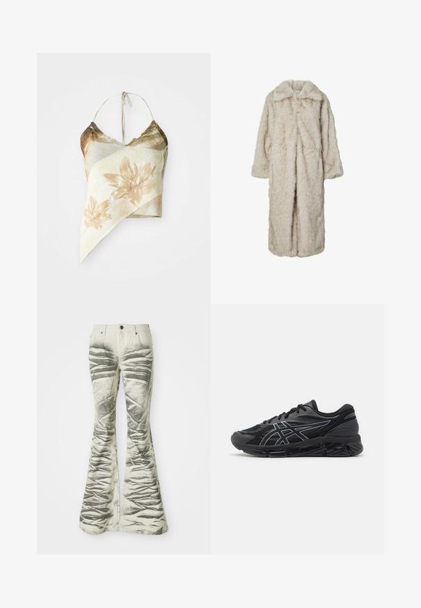 Dugi kaput od umjetnog krzna u svijetlo bež boji, s oštrim reverima i dugim rukavima. Mekana tekstura s puhastim izgledom i bez vidljivih kopčanja.; Asimetrična cvjetna majica na crop s uzorkom u prigušenim bež i maslinastim tonovima, s mrežastom teksturom, vezanjem oko vrata i drapiranim dizajnom.; Svijetlosmeđi flare traperice s teksturiranim crnim horizontalnim prugama i naboranim detaljima, s prednjim džepovima i metalnim zatvaranjem na dugme.; Muške trkačke tenisice od crne mrežice s reflektirajućim srebrnim detaljima, s udobnom potplatom i teksturiranom površinom za bolju prijanjanje.