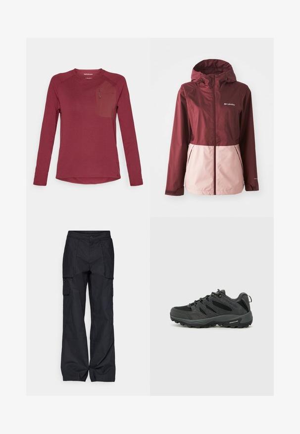 Columbia INNER LIMITS™ JACKET - Vodoodporna jakna - rich wine/eraser pink; Majica z dolgimi rokavi, v bordo barvi, narejena iz teksturirane tkanine. Ima žep na prsih z majhnim zadrgo in detajlom logotipa. Zaobljen rob.; Columbia BREA FALLS™ COTTON RIPSTOP PANT - Hlače za na prostem - black; Columbia REDMOND - Pohodniški čevlji - black/citron haze