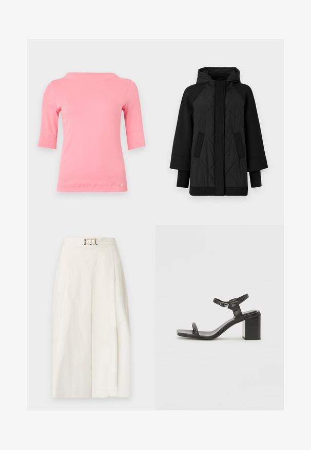 TWINSET JACKET - Giacca invernale - nero; Top in cotone rosa con scollatura a barca, maniche a lunghezza gomito e orlo arrotondato. Presenta un piccolo logo decorativo vicino all'orlo.; Pantaloni a gamba larga in tessuto di cotone bianco. Presentano un'alta vita con una piega frontale e un dettaglio con fibbia metallica. Texture liscia.; Sandalo in pelle nera con tacco a blocco e una fascia larga sopra le dita, dotato di una cinghia regolabile alla caviglia, caratterizzato da un design elegante e minimalista.